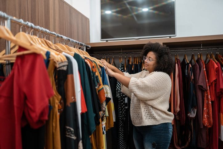 Woman browsing clothes on hangers in a store.