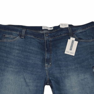 Close-up of waistband, pockets, and stitching on NWT True Craft blue jeans men’s size 48x32