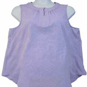 A sleeveless lavender blouse with a round neckline and gathered front detail.