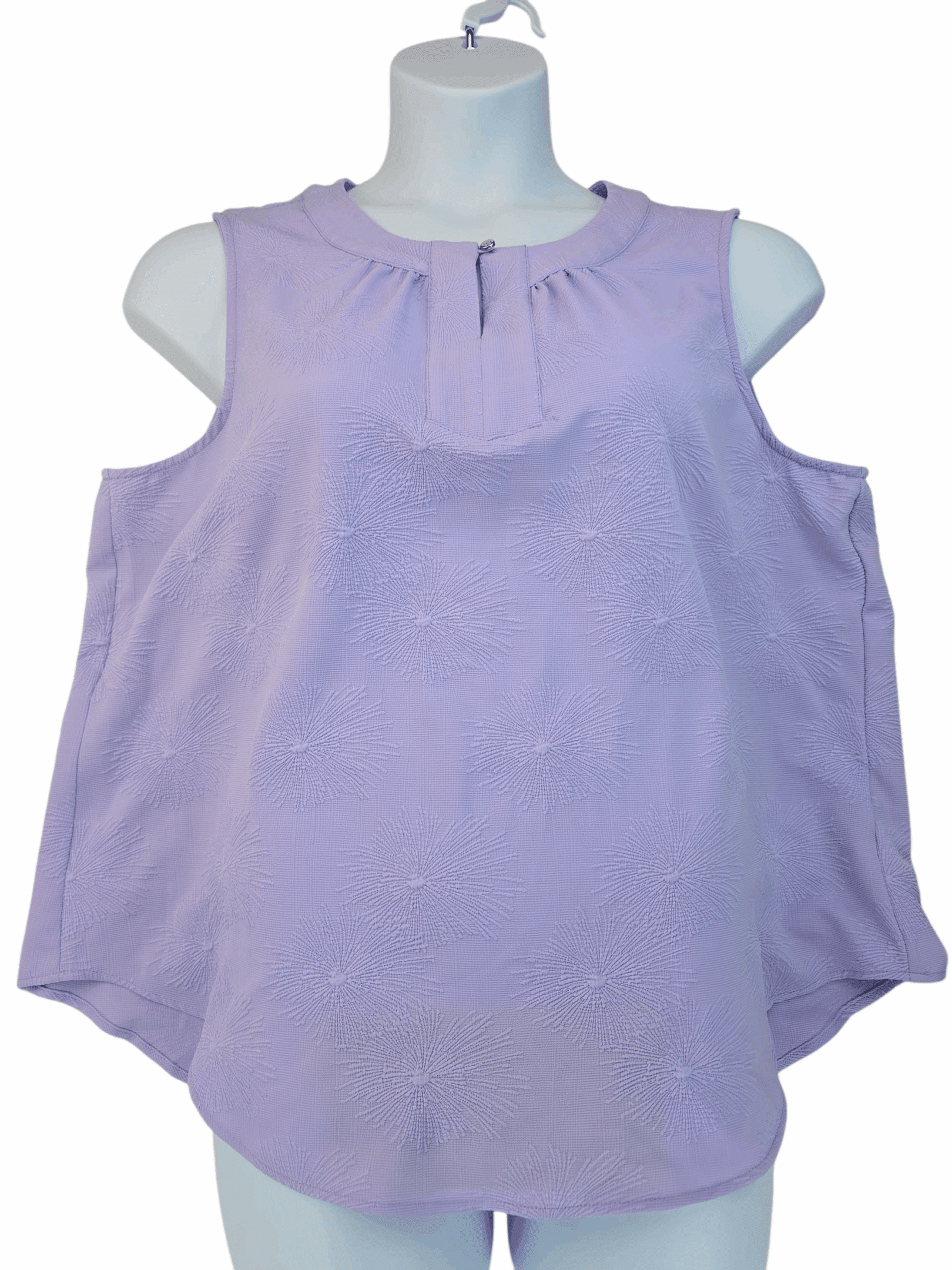 A sleeveless lavender blouse with a round neckline and gathered front detail.
