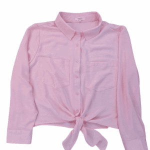 Light pink long-sleeve blouse with a front tie knot and collar.