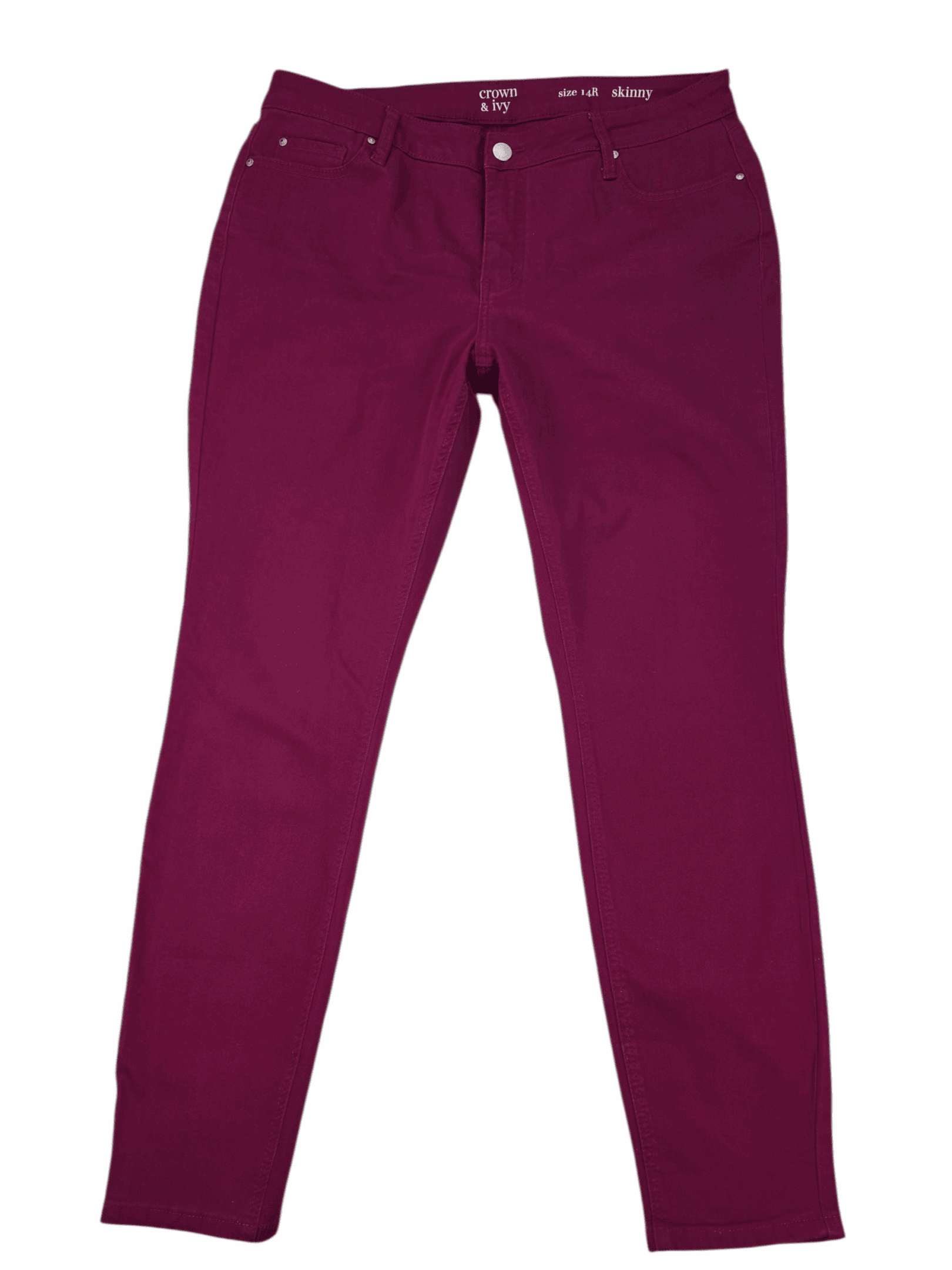 Crown & Ivy wine-colored twill skinny jeans women’s size 14 regular – front view