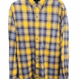 Yellow and blue plaid flannel shirt with buttons.