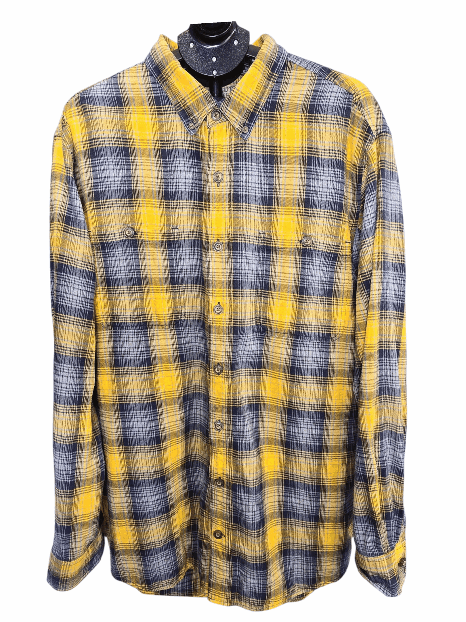 Yellow and blue plaid flannel shirt with buttons.
