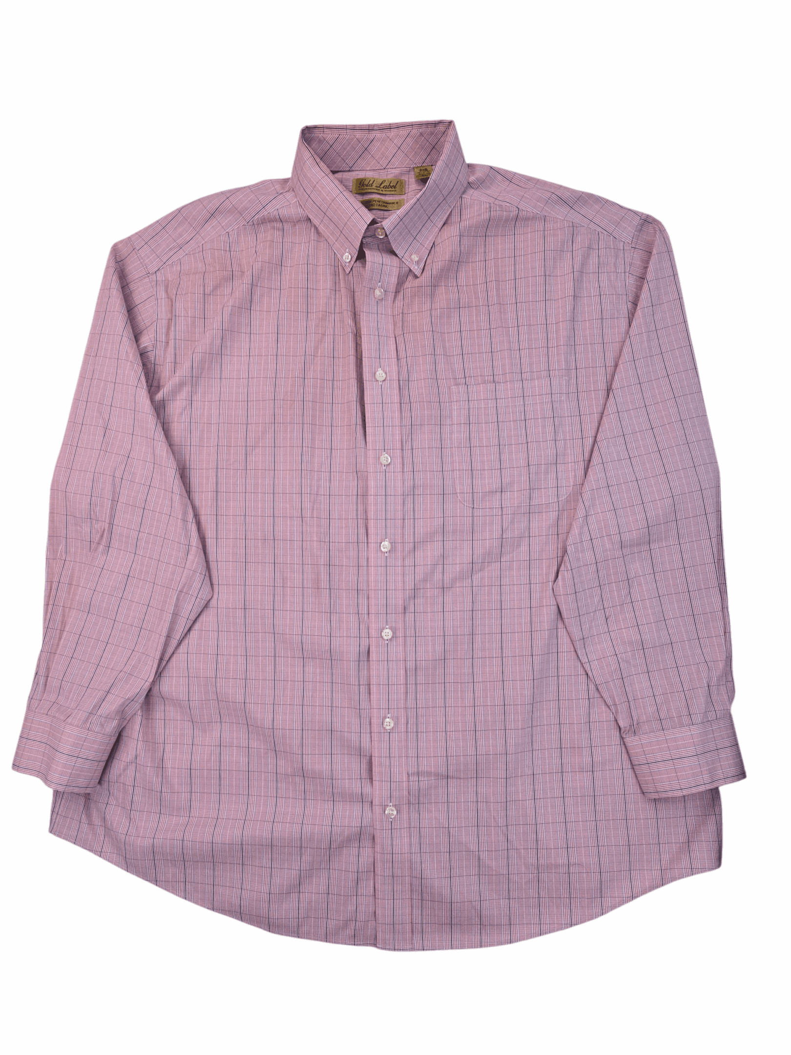 Pink and white striped button-up shirt with long sleeves.