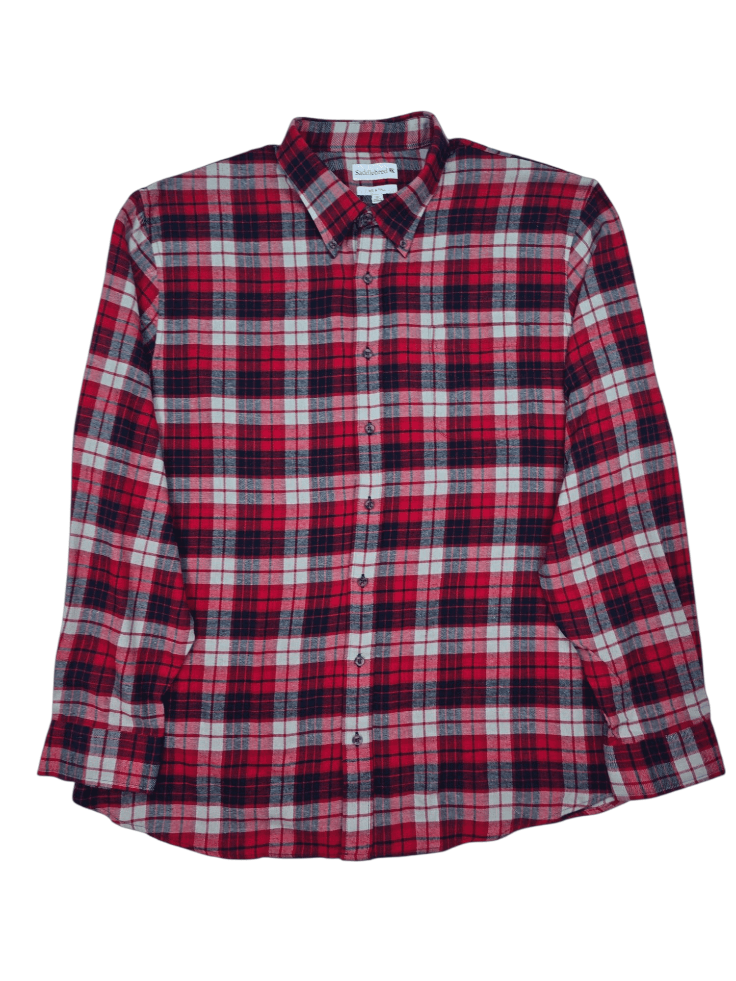Front view of Saddlebred Big & Tall red, blue, and gray plaid flannel shirt in men’s size 2X showing button front, collar, and chest pocket.