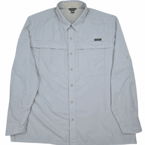 Front view of Eddie Bauer light blue checked performance shirt in men’s size 2XL showing button front, collar, and chest pocket.