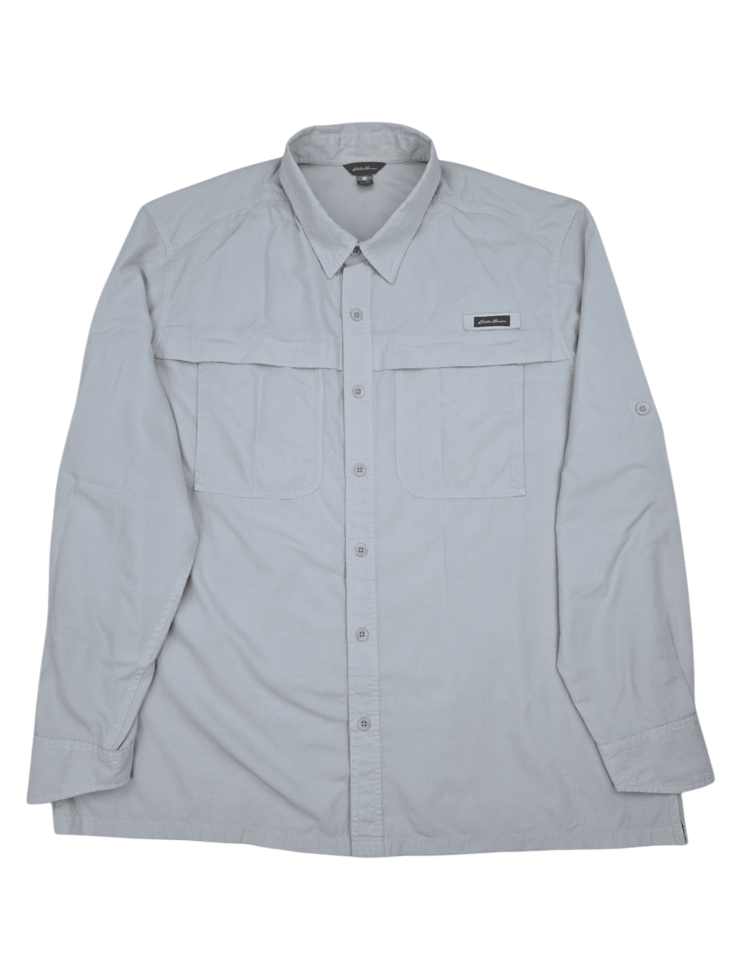 Front view of Eddie Bauer light blue checked performance shirt in men’s size 2XL showing button front, collar, and chest pocket.