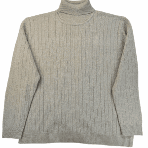 Light gray ribbed turtleneck sweater with long sleeves.