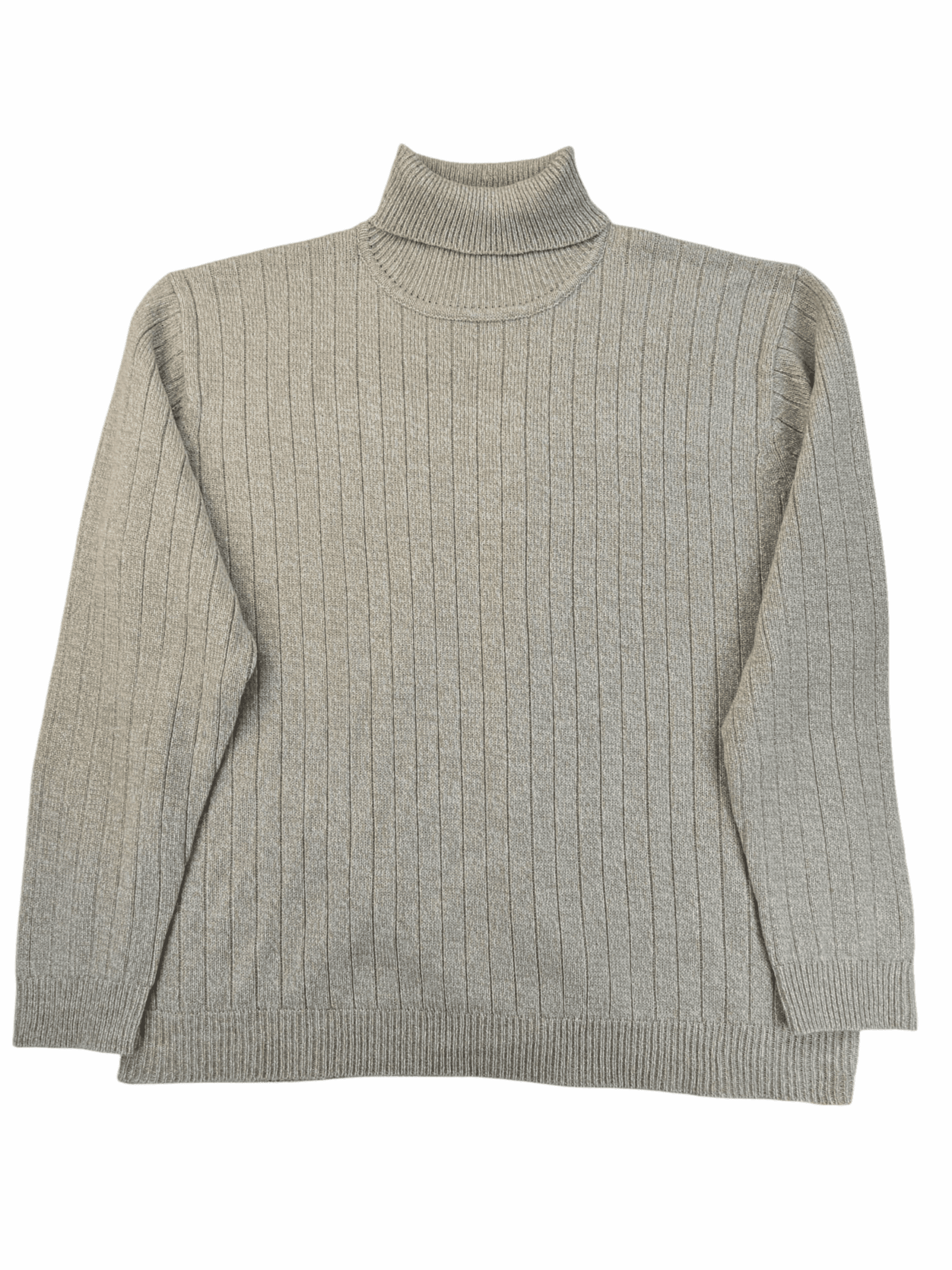 Light gray ribbed turtleneck sweater with long sleeves.