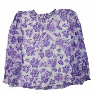 A sheer long-sleeve blouse with a purple floral pattern.