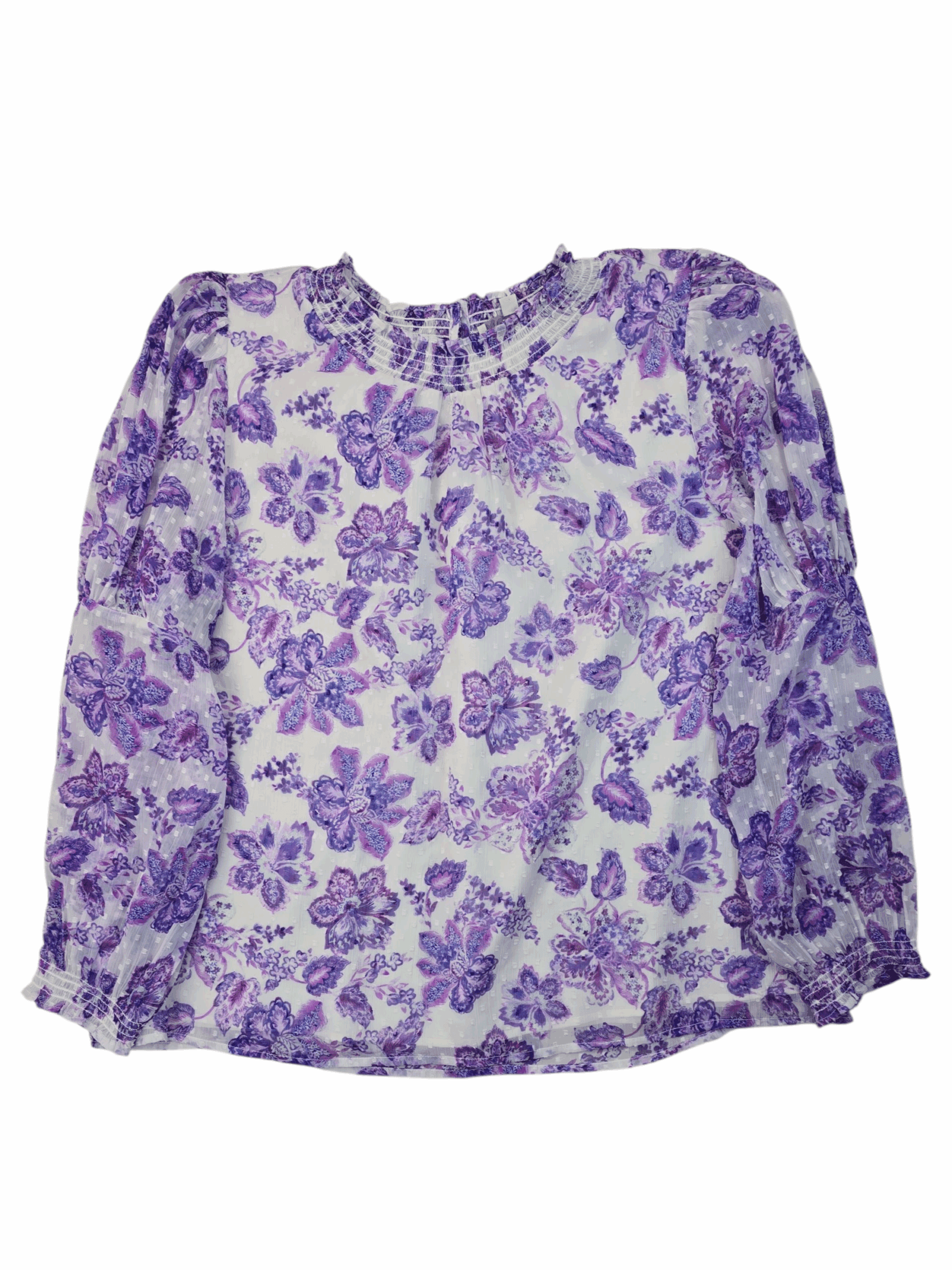 A sheer long-sleeve blouse with a purple floral pattern.