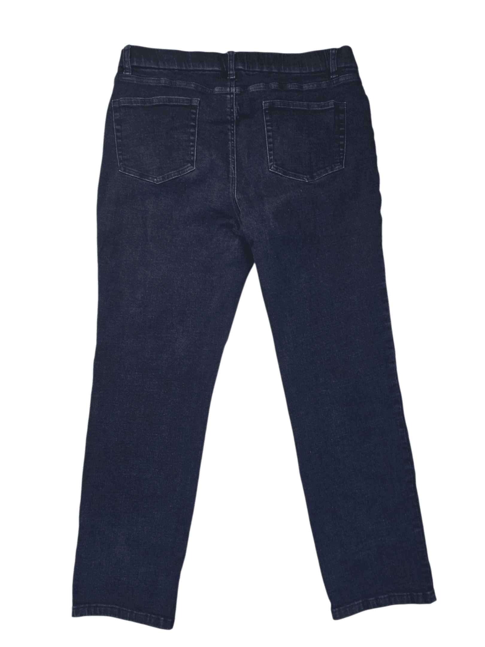 Back view of D&Co pull-on blue jeans showing back pockets and smooth waistband.