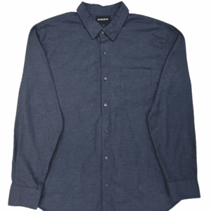 Dark blue button-up long sleeve shirt laid flat.