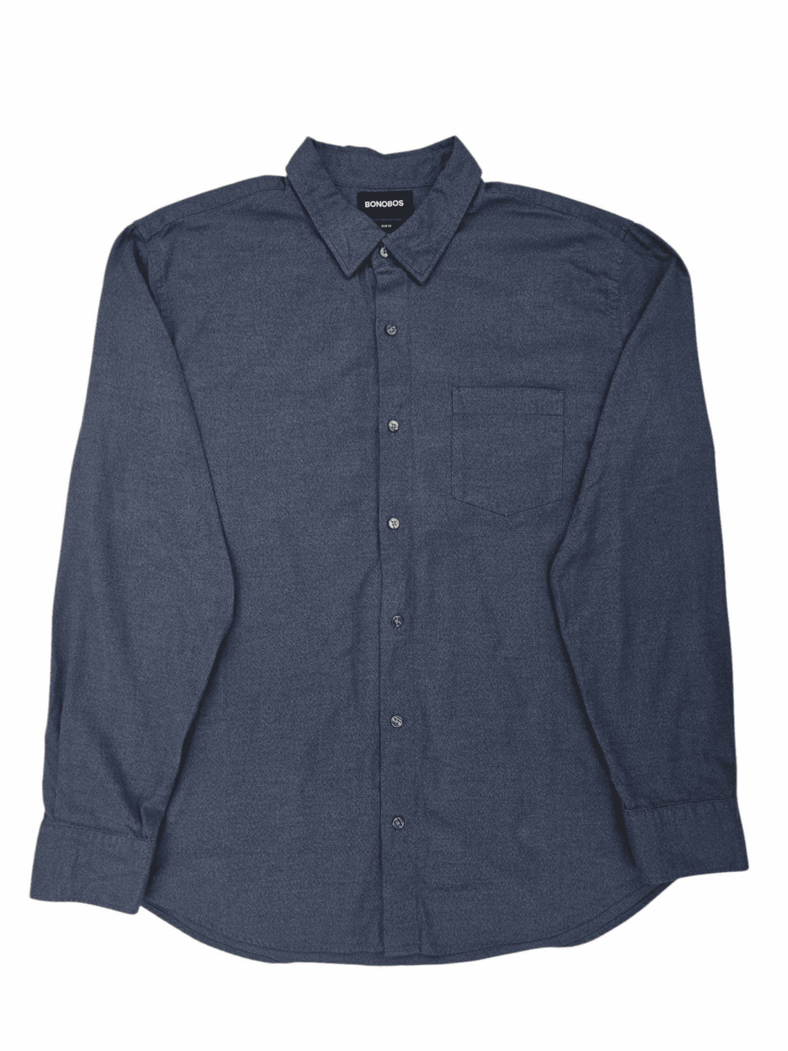 Dark blue button-up long sleeve shirt laid flat.