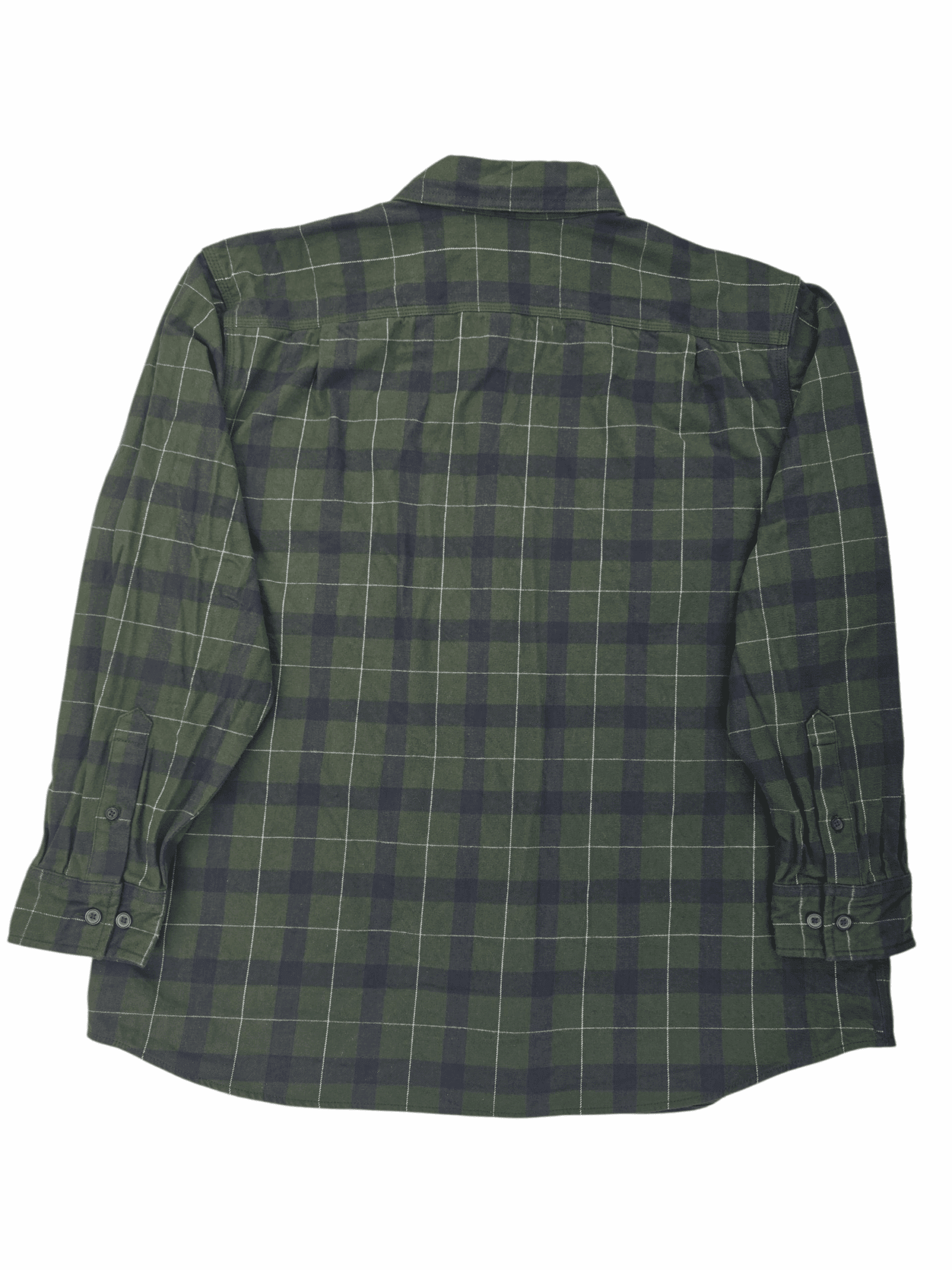 Back view of a green and black plaid shirt with long sleeves.