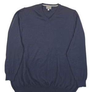 Navy blue V-neck sweater with ribbed cuffs and hem.