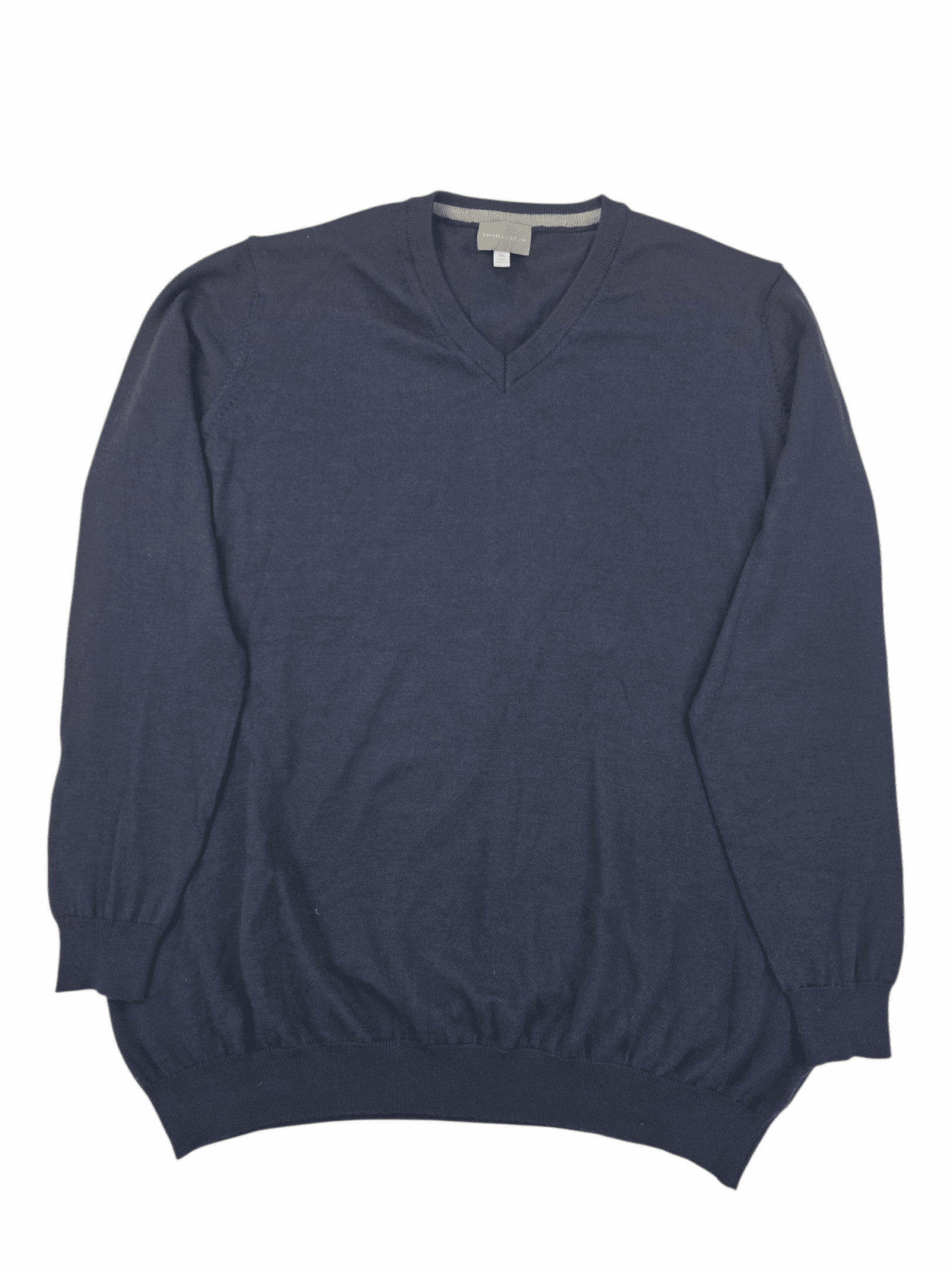 Navy blue V-neck sweater with ribbed cuffs and hem.