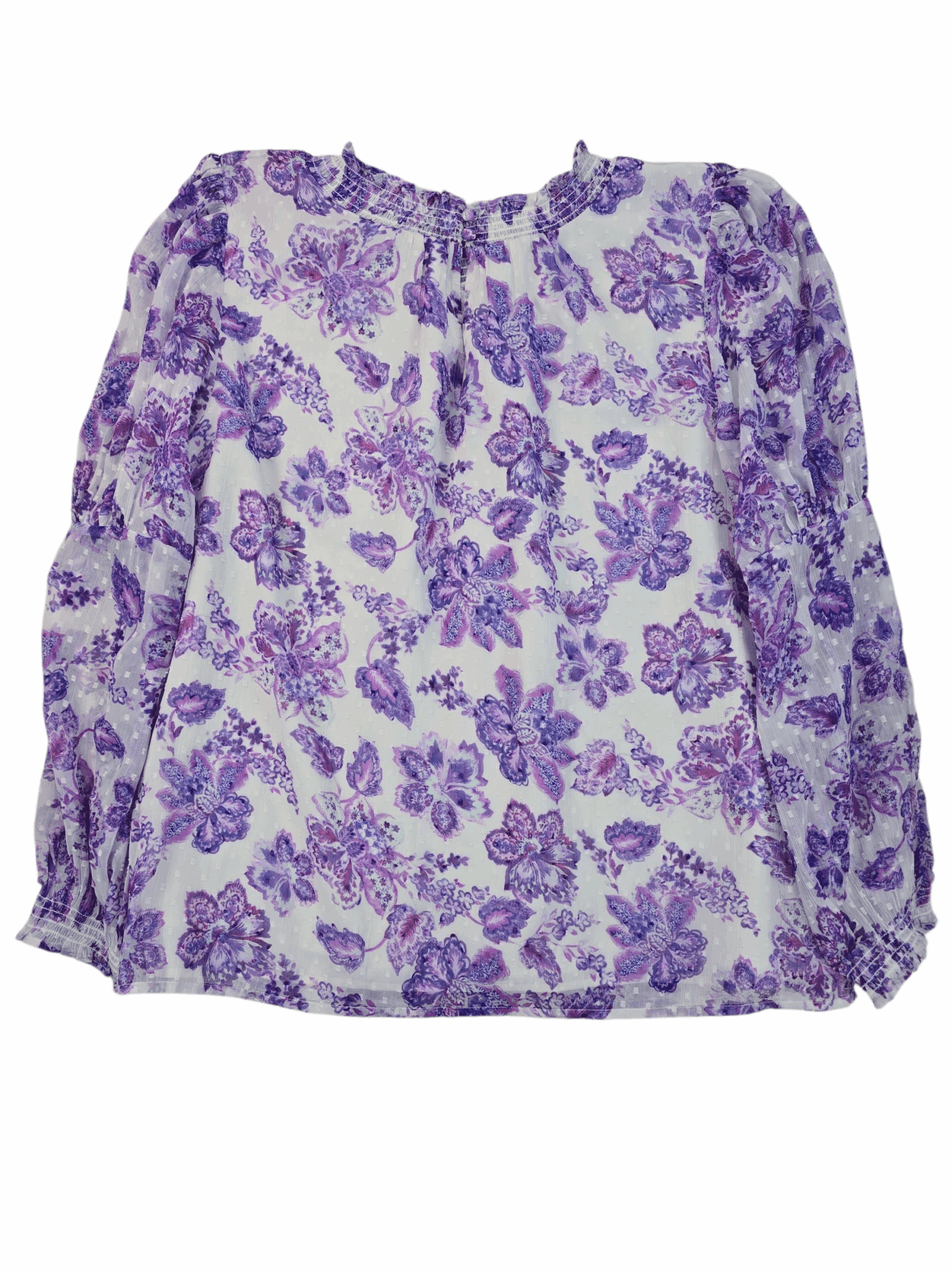 A white blouse with purple floral patterns and long sleeves.