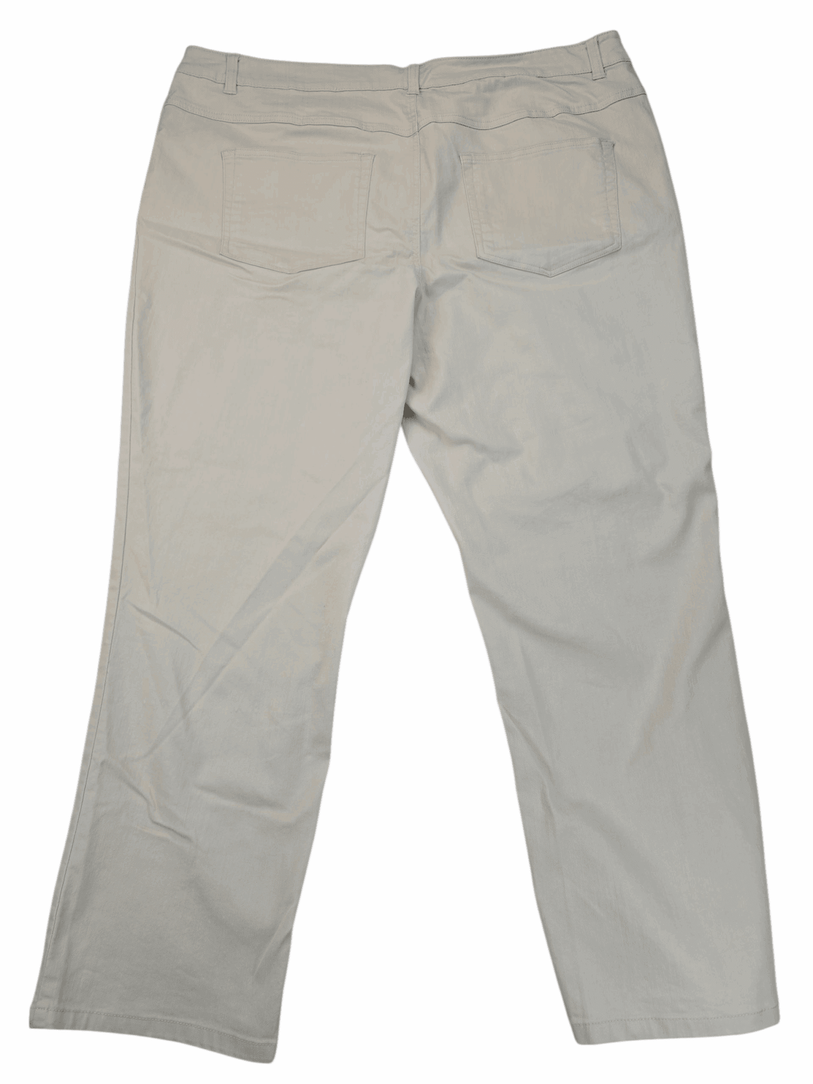 A pair of light gray casual pants laid flat on a white background.