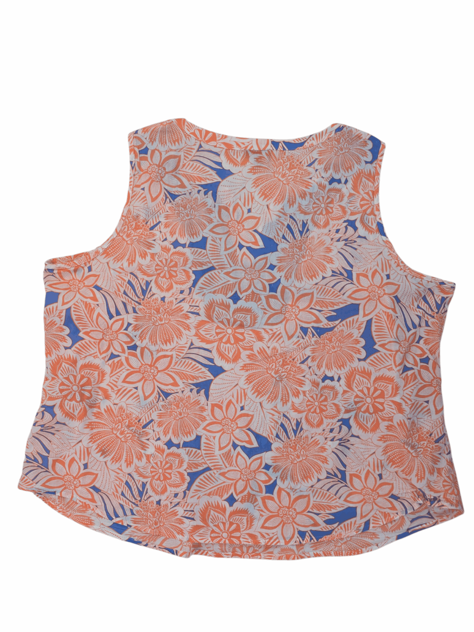 Sleeveless top with a floral pattern in coral and blue.