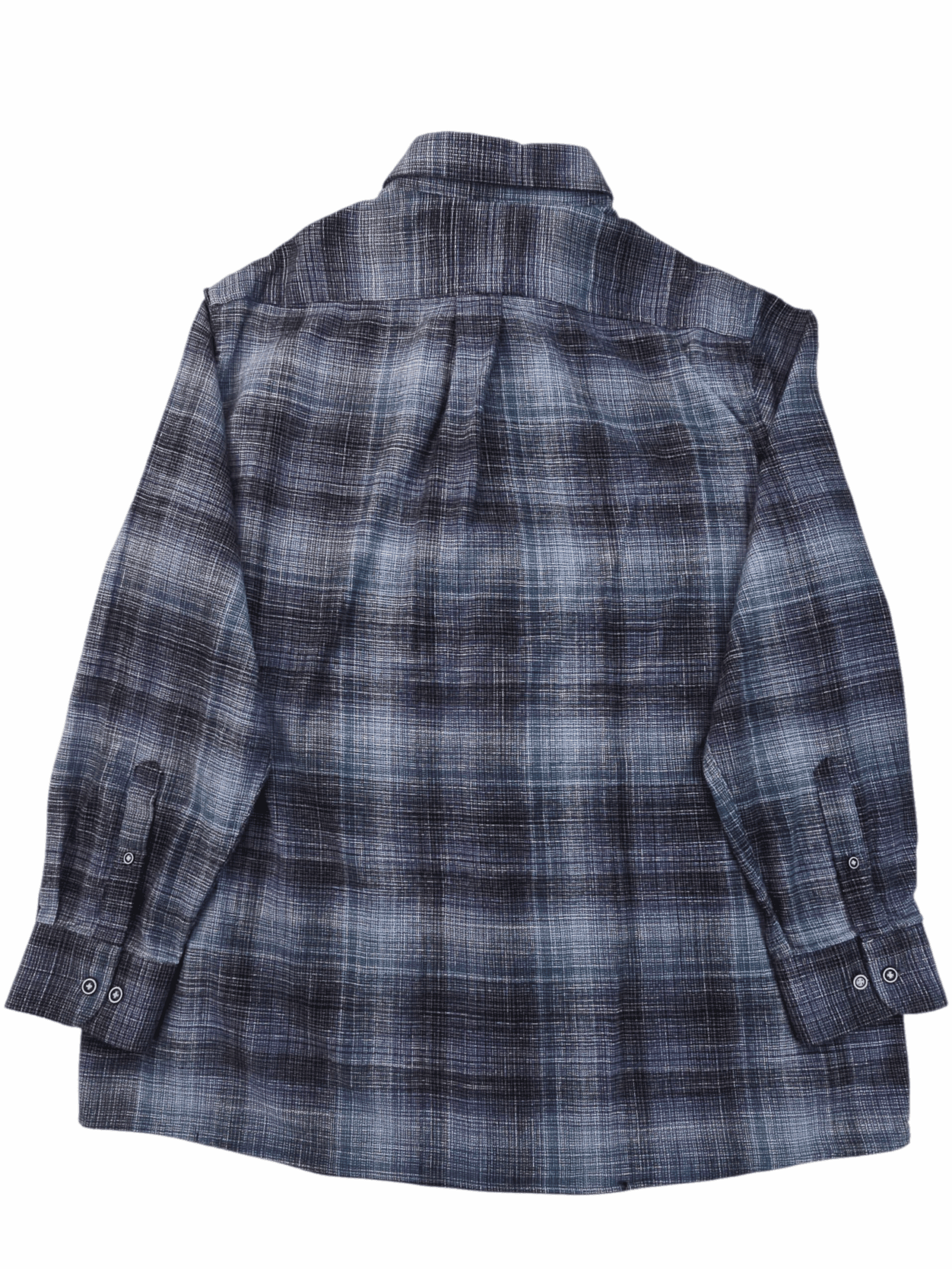 A blue and gray checkered flannel shirt with long sleeves.