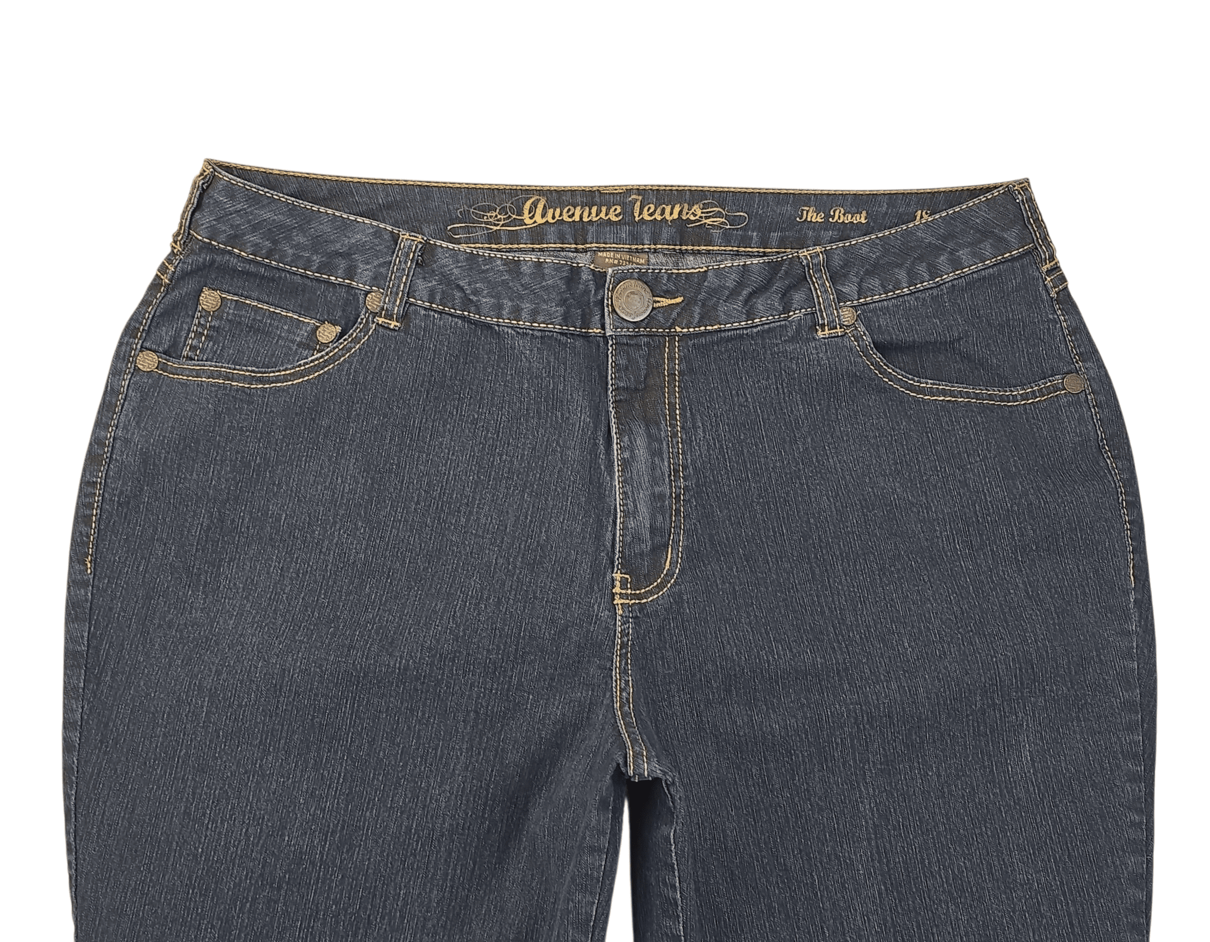 Close-up of Avenue Jeans The Boot blue denim front showing button, zipper, and pocket detail.