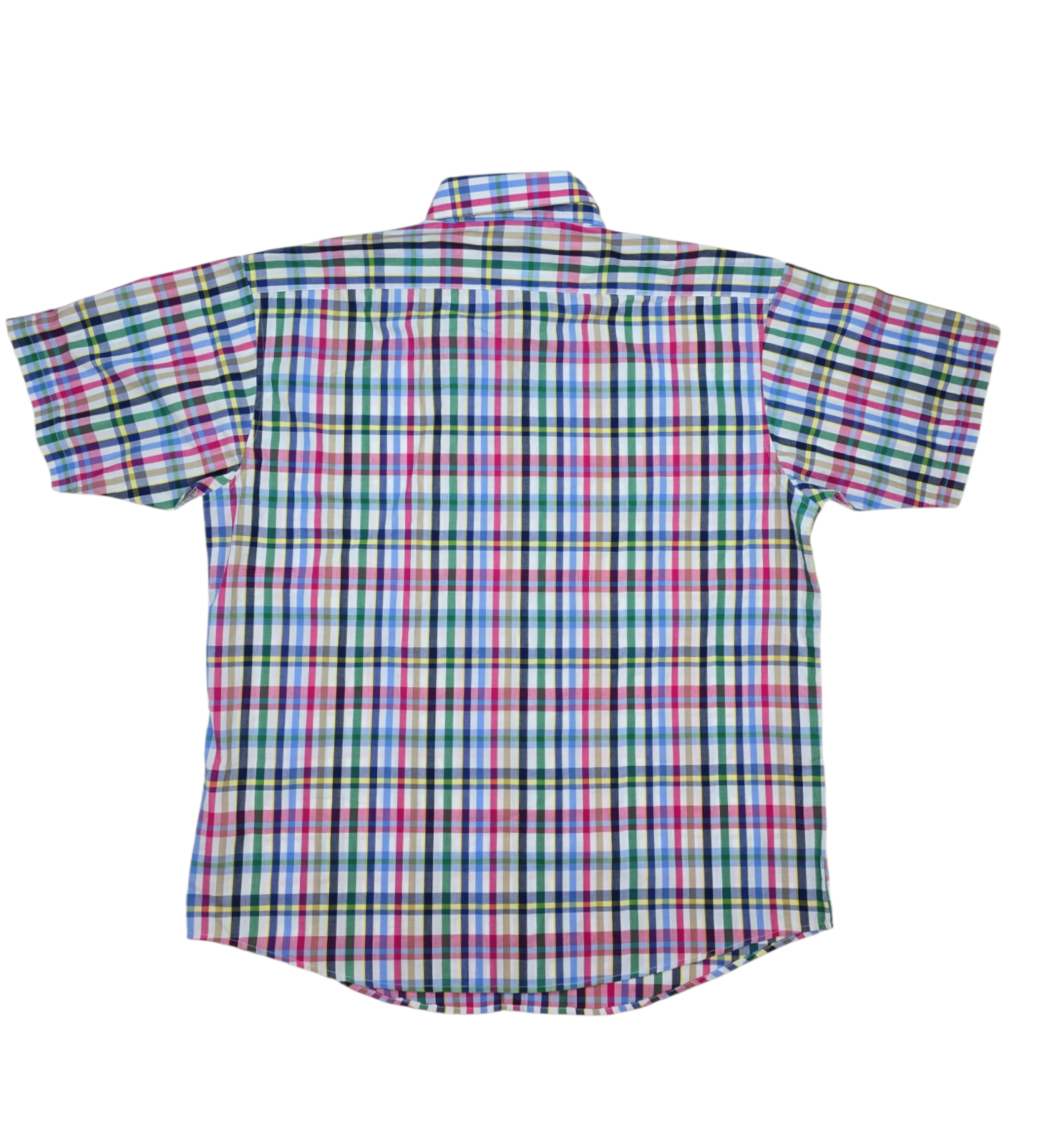 Back view of Linea Uomo multicolored check short sleeve shirt showing yoke seam and full check pattern.