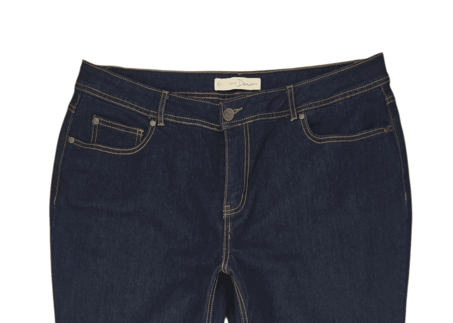 Close-up of EST. 1946 denim blue straight-leg jeans showing waistband, button, and front stitching detail.