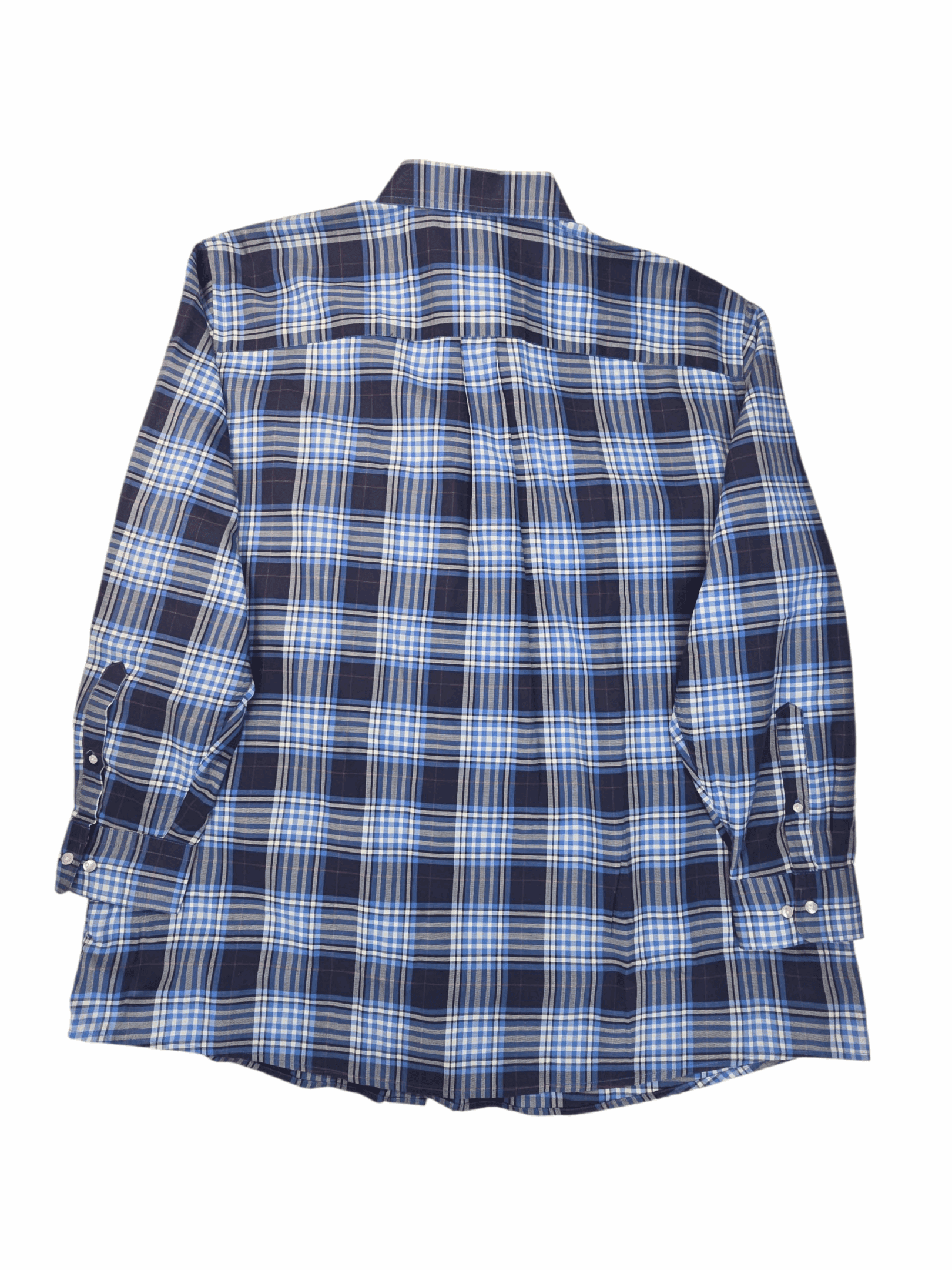 Back view of Oak Hill blue and white plaid wrinkle-free button-up shirt showing full plaid design and back yoke.
