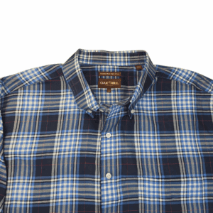 Close-up of Oak Hill blue and white plaid wrinkle-free button-up shirt showing collar, buttons, and pattern detail.