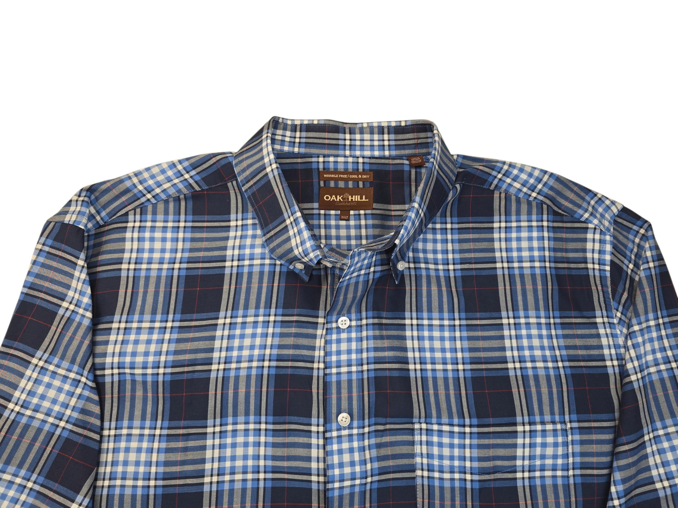 Close-up of Oak Hill blue and white plaid wrinkle-free button-up shirt showing collar, buttons, and pattern detail.