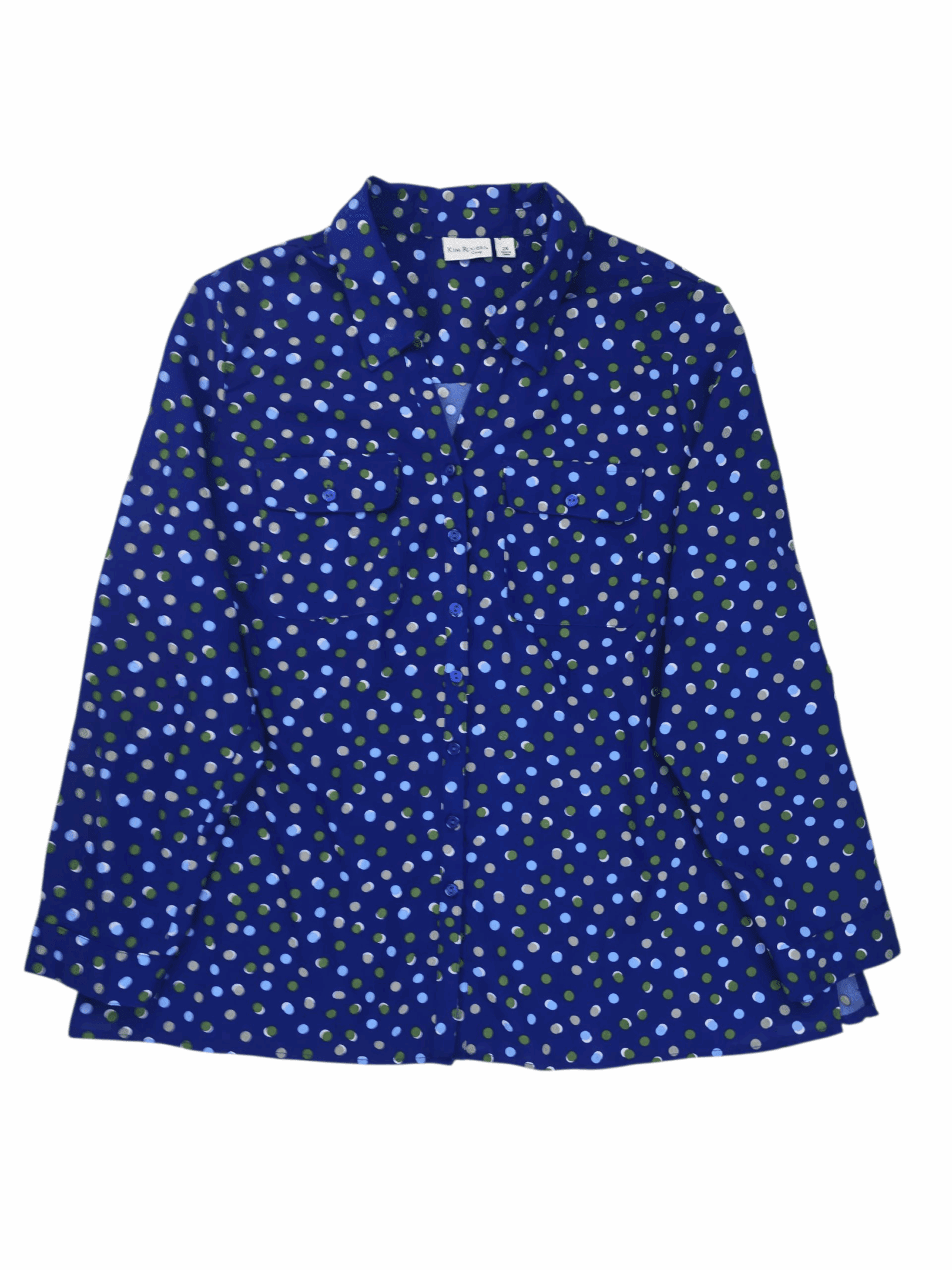 Front view of Kim Rogers blue polka dot V-neck long sleeve top in women’s size 2X showing neckline, sleeve length, and dotted pattern.