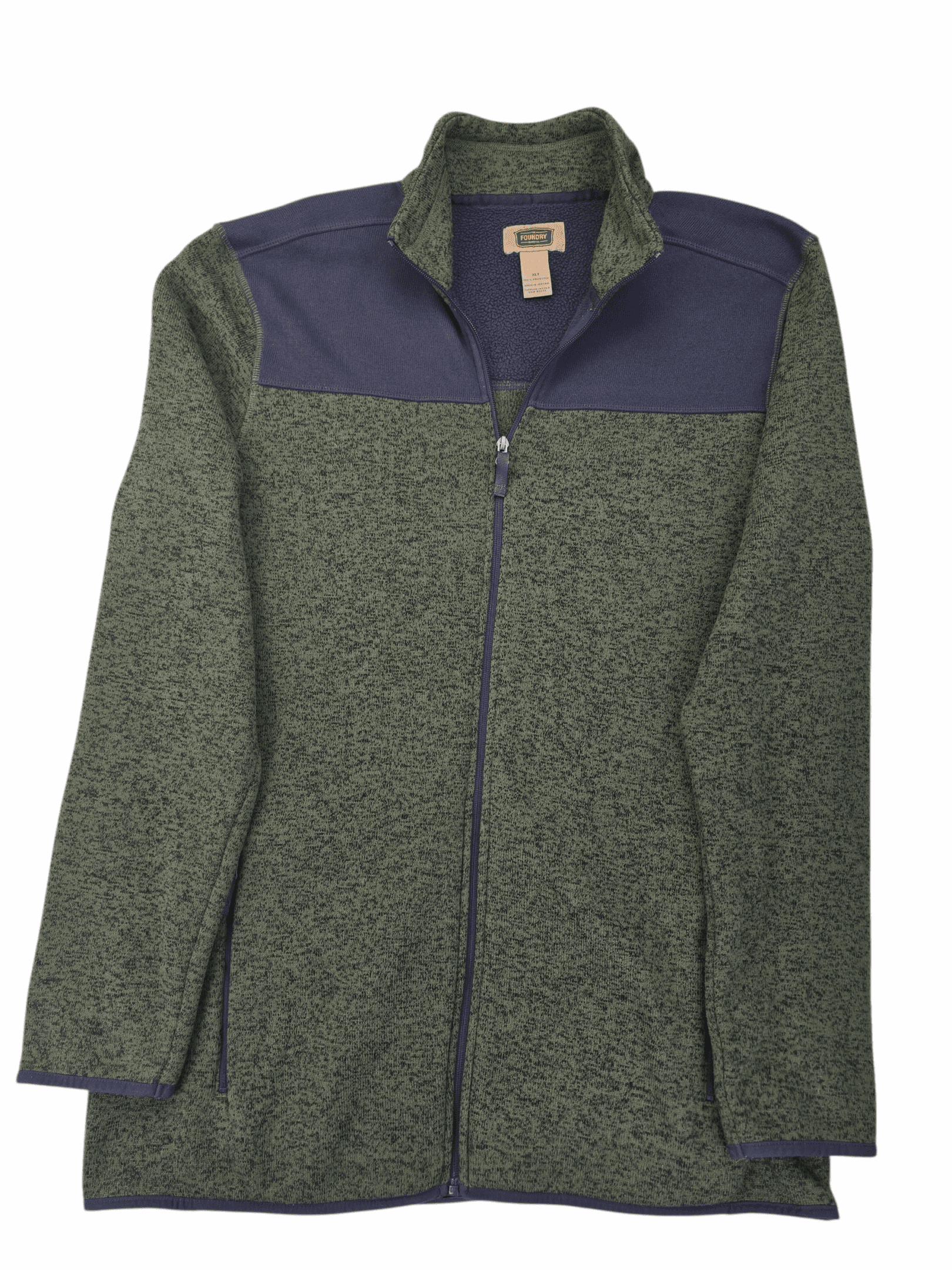 Green and navy zip-up fleece jacket with a high collar.