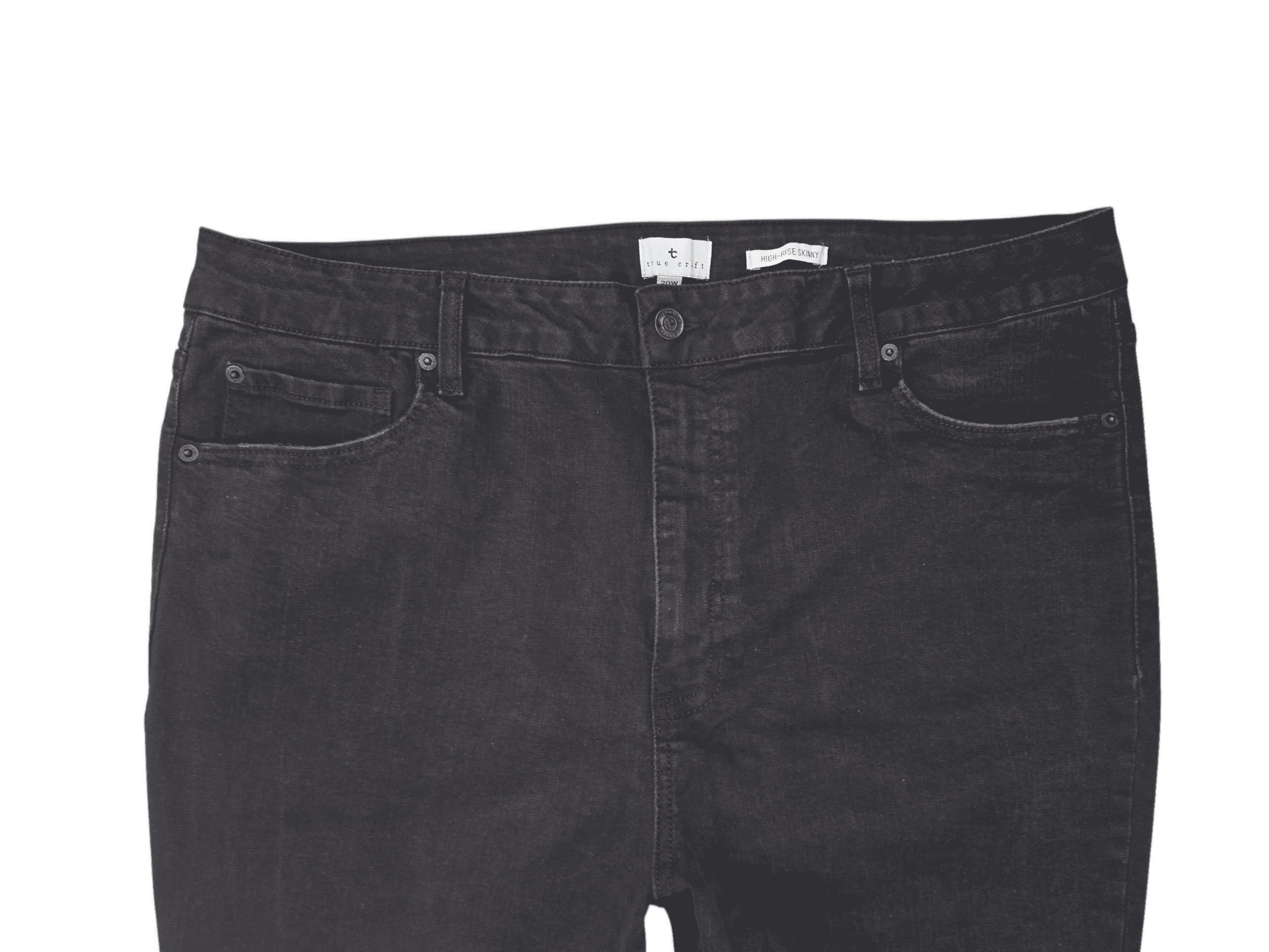 Close-up of True Craft high rise skinny black jeans front showing button closure, zipper, and waistband detail.