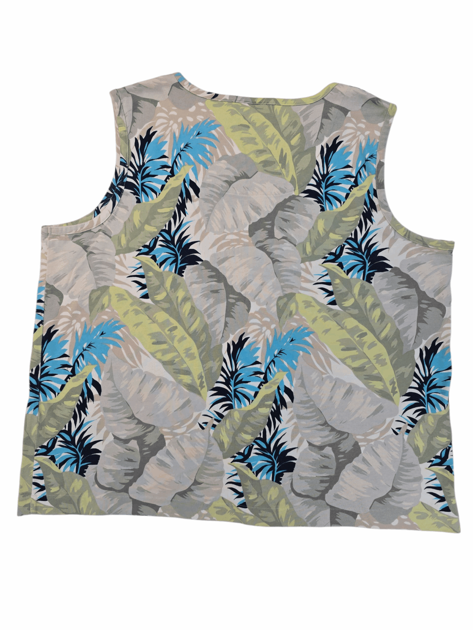 Sleeveless top with tropical leaf pattern in blue, green, and gray.