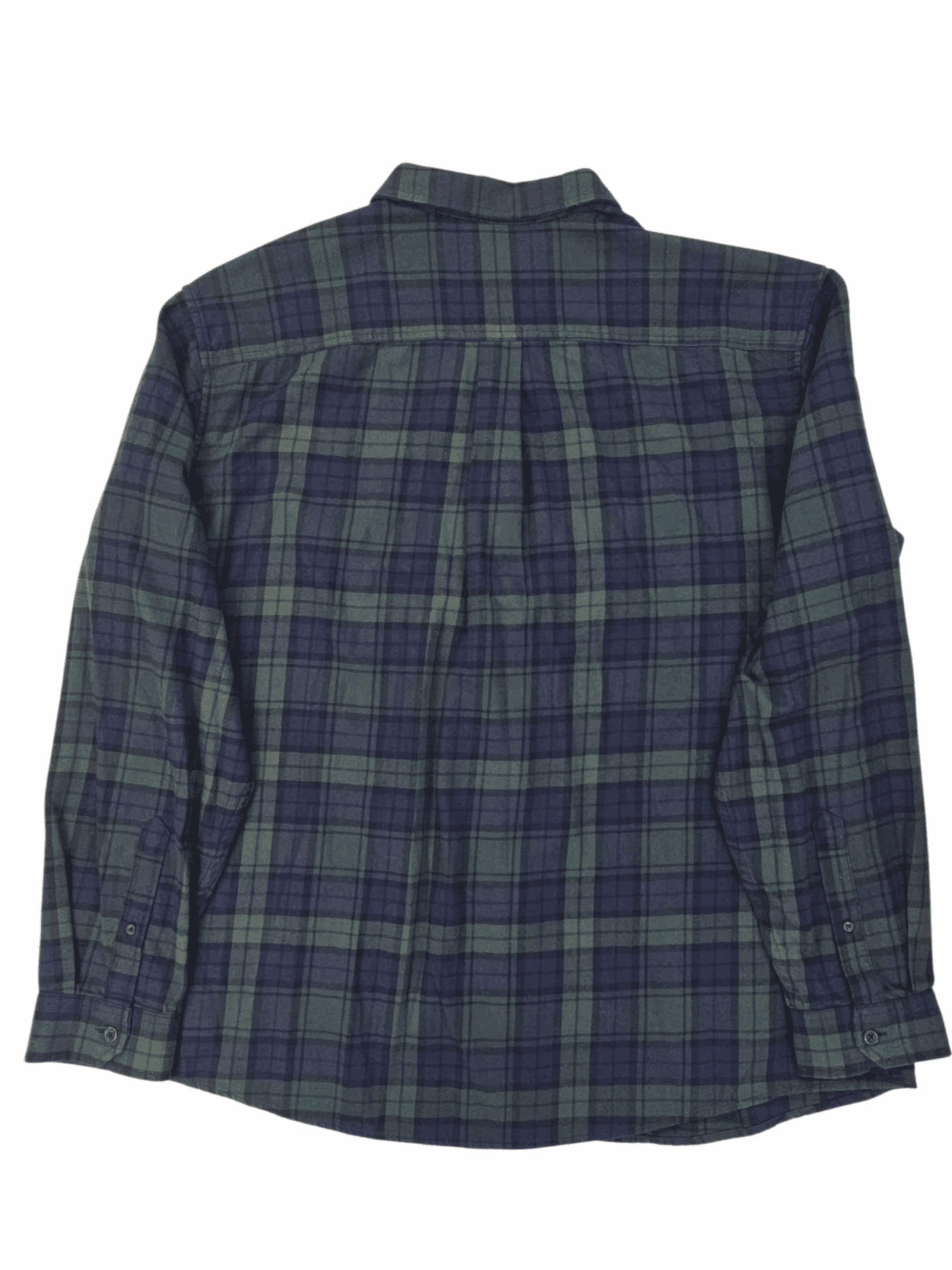 Eddie Bauer Back view of a dark green and navy blue plaid shirt.