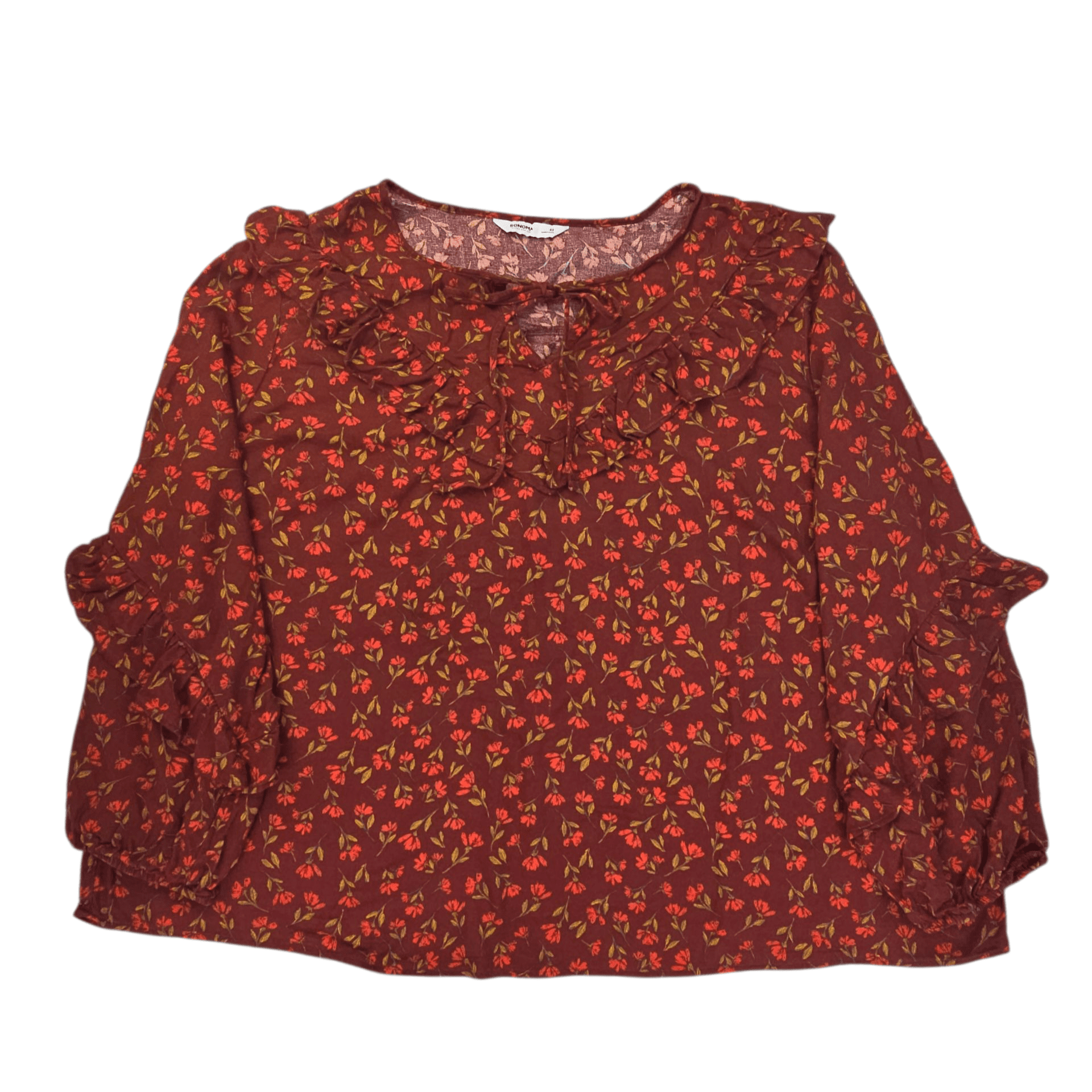 Front view of Sonoma rust floral rayon pullover top in women’s size 4X showing floral pattern and V-neckline.