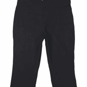 A pair of black capri pants with a button and zipper closure.