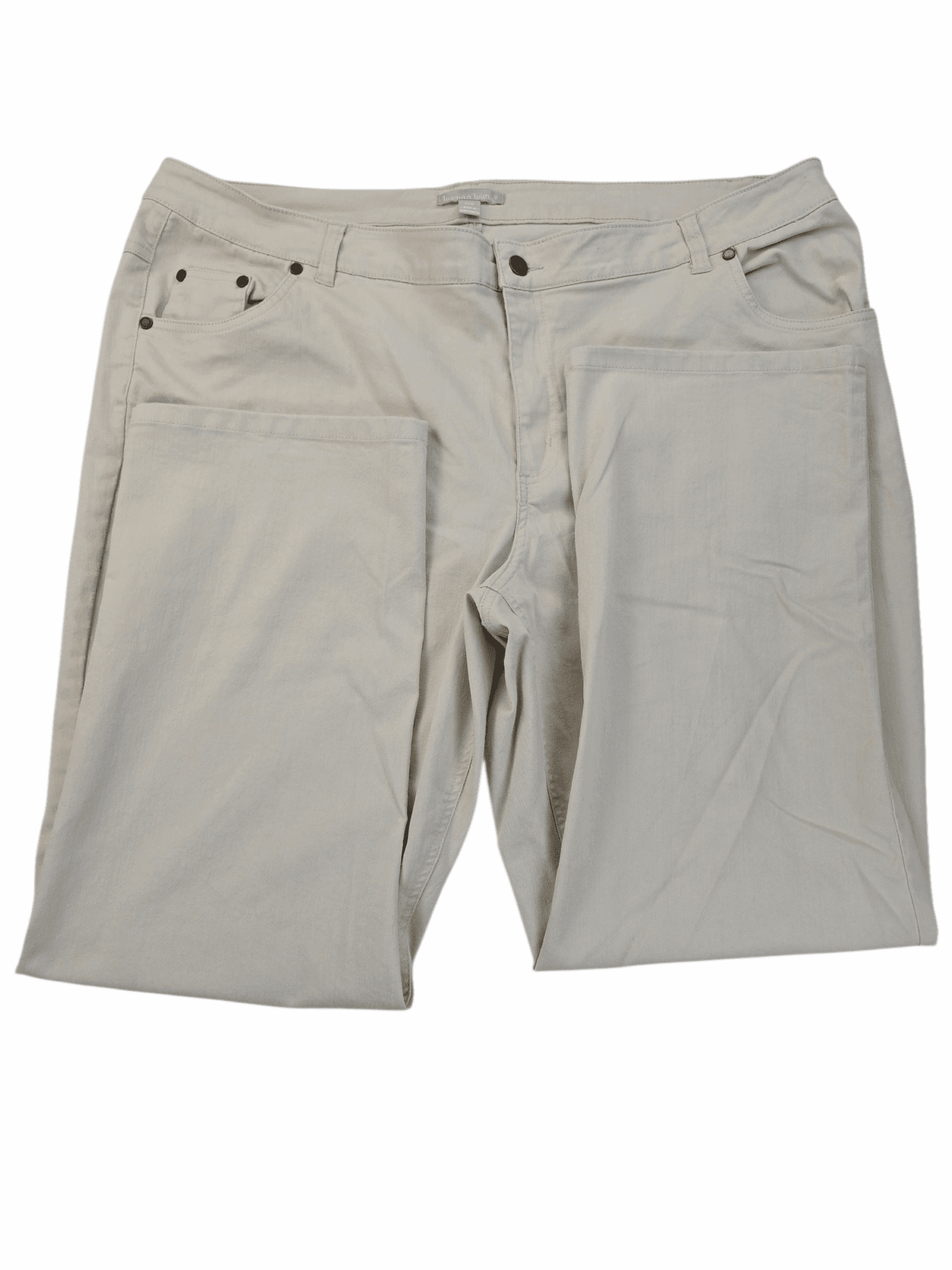Beige knee-length shorts with button and zipper closure.