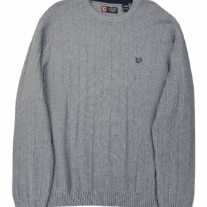 Gray cable-knit sweater with a round neckline and subtle logo.