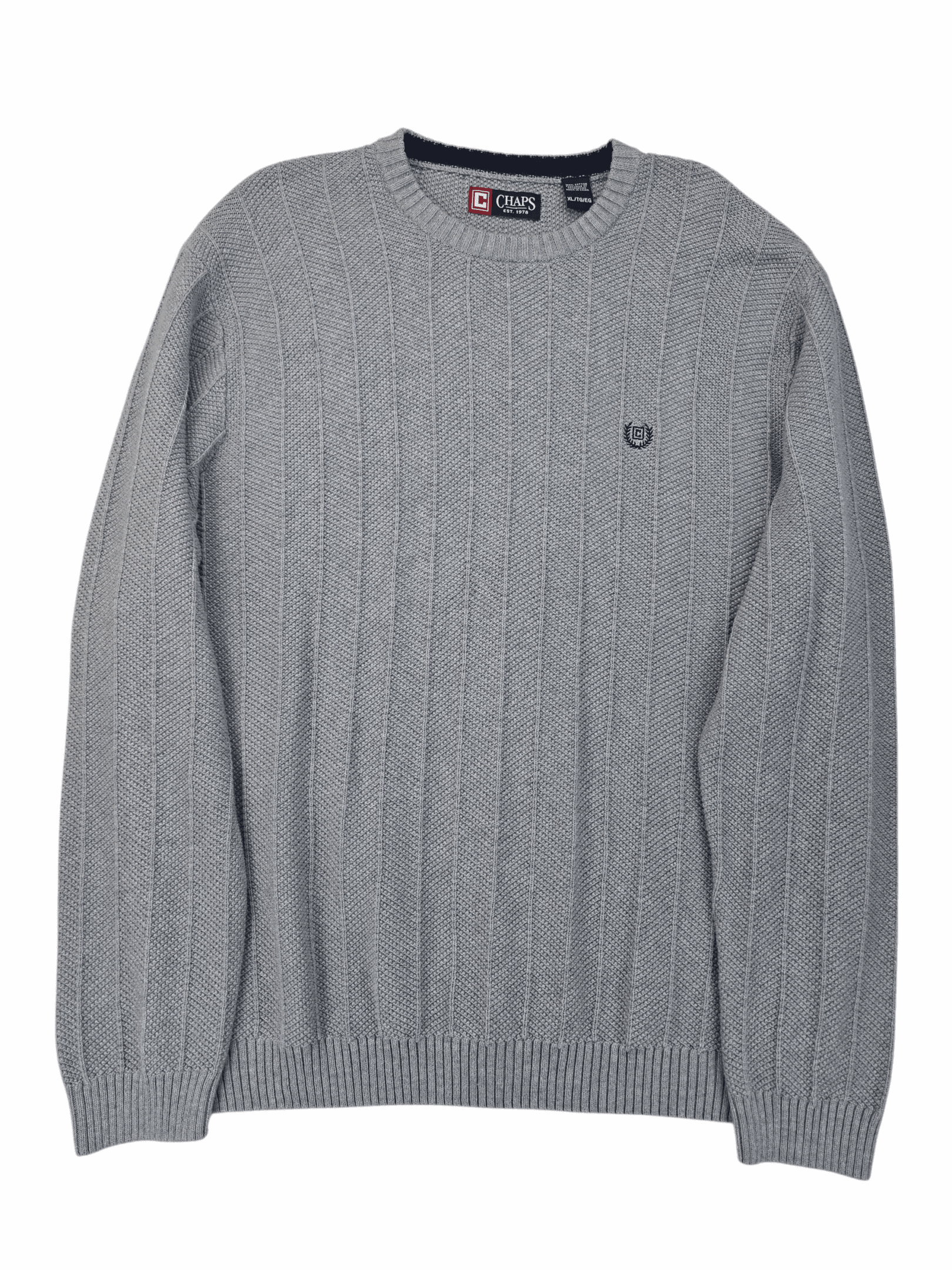 Gray cable-knit sweater with a round neckline and subtle logo.