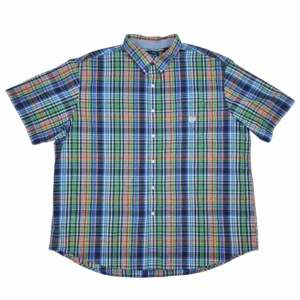 Front view of Chaps Easy Care multicolored short sleeve button-up shirt in men’s Big & Tall size 3XB showing collar, button placket, and chest pocket.