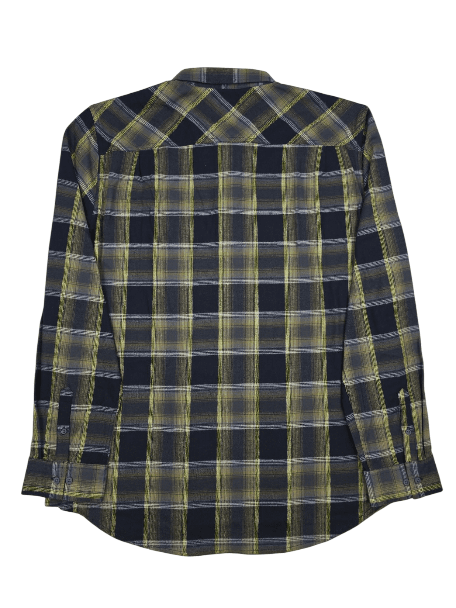 Back view of Bass Outdoor green and black plaid flannel shirt showing plaid pattern and yoke seam.