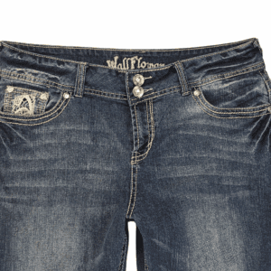 Close-up of Wallflower blue denim capris showing waistband, button, and front pocket detail.