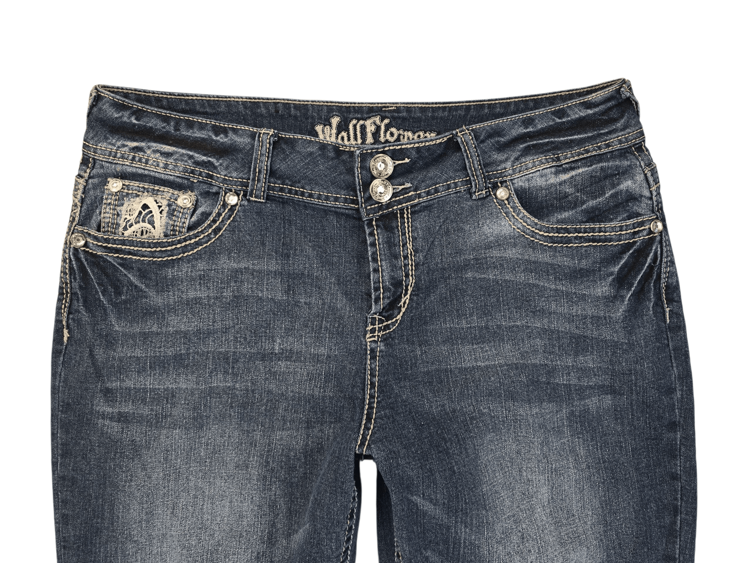 Close-up of Wallflower blue denim capris showing waistband, button, and front pocket detail.