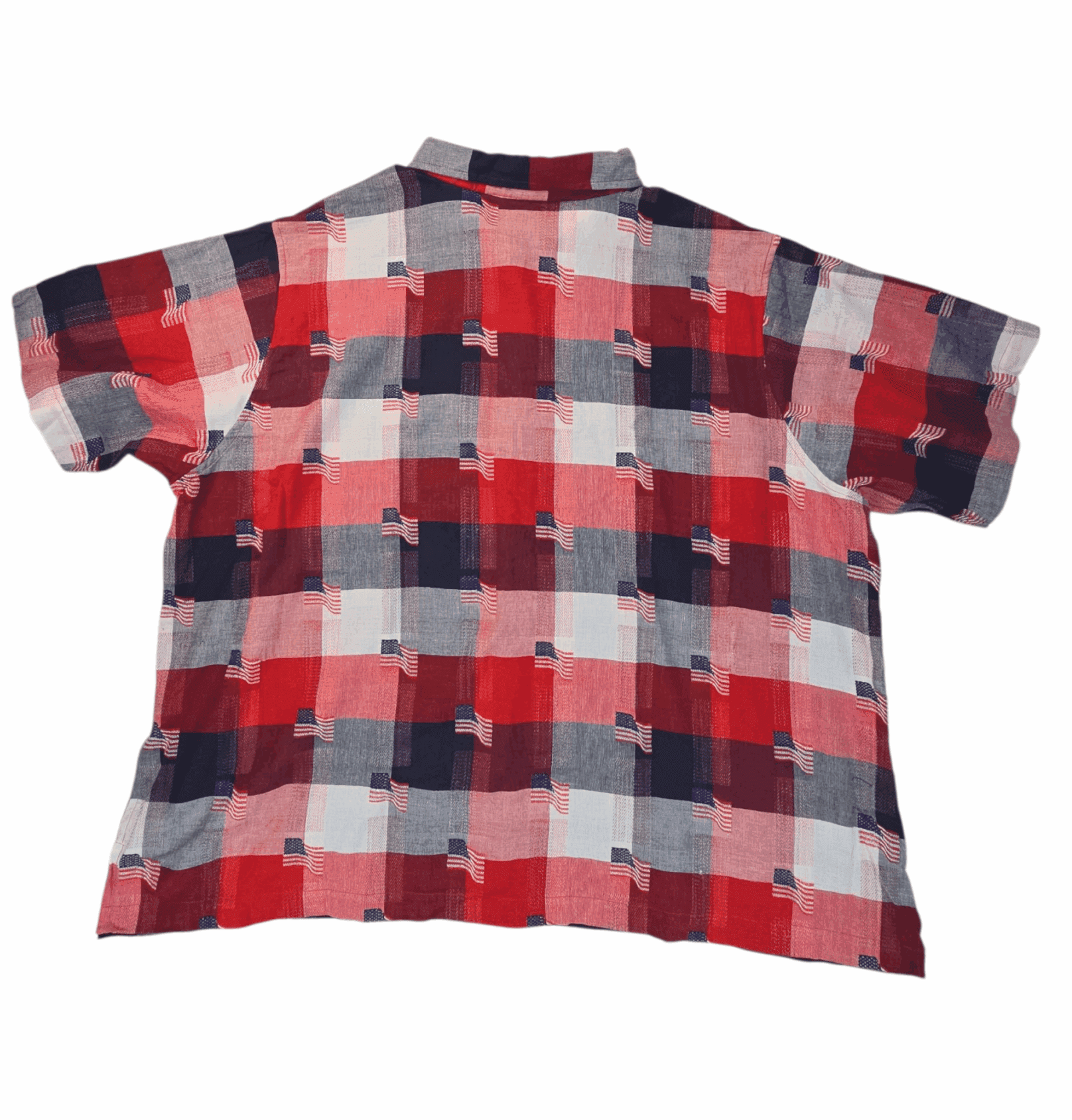 Back view of Fashion Bug red, white, and blue American flag plaid button-up shirt showing full plaid pattern and relaxed fit.