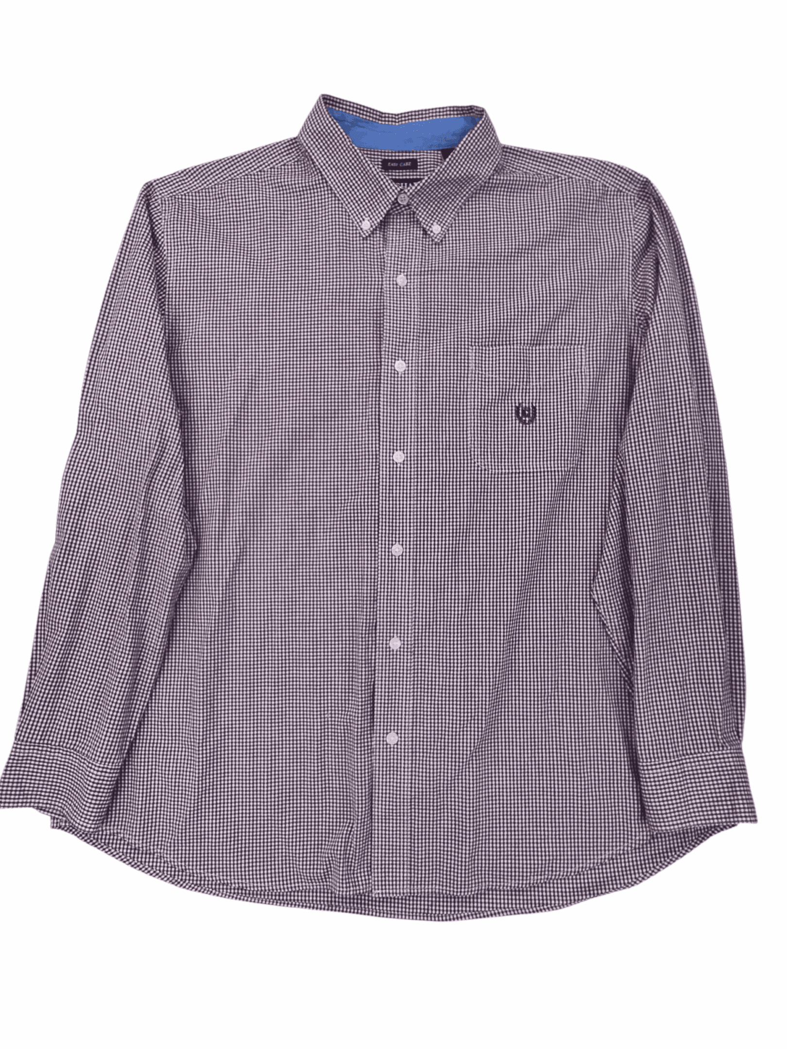 Checkered long-sleeve button-up shirt with a chest pocket and collar.