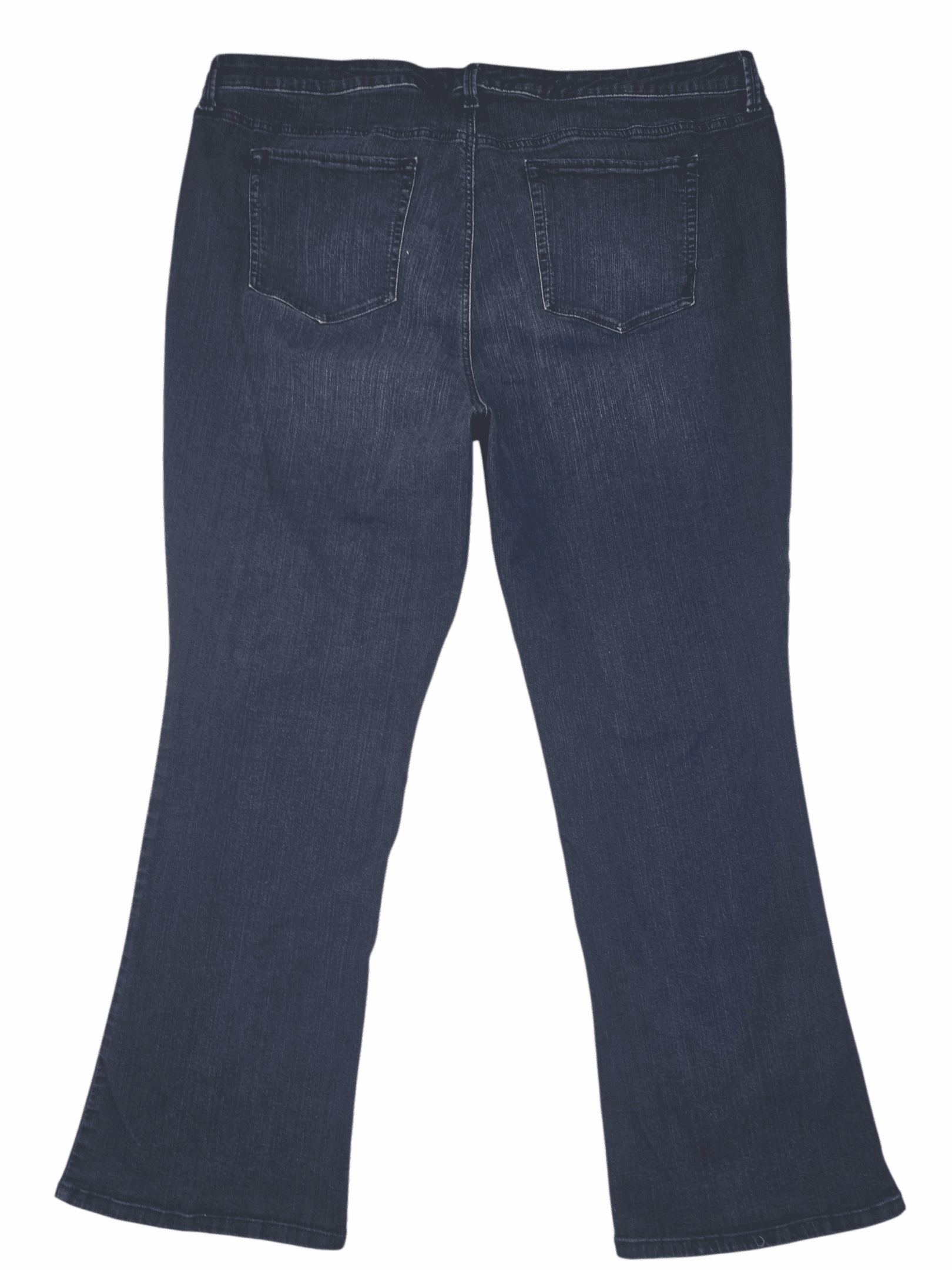 Pair of dark blue denim jeans laid flat with visible back pockets.
