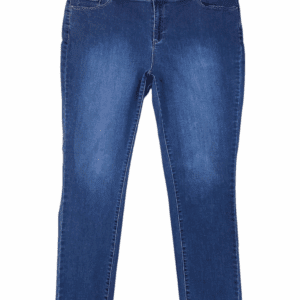 A pair of classic blue denim jeans with a slim fit.